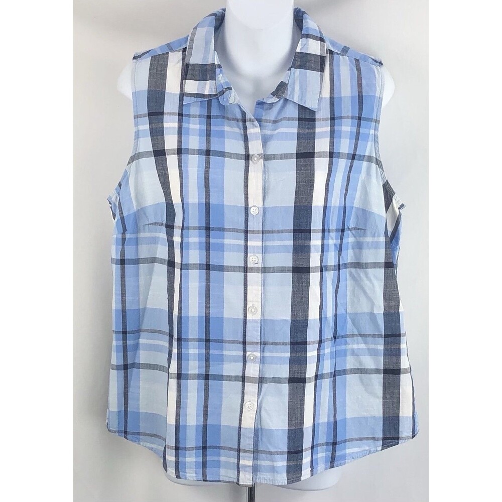 Vintage Sleeveless Top L Blue Plaid Tartan ButtonUp Cottage western country